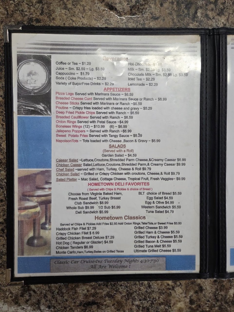 Diner menu beside coffee and dessert options.